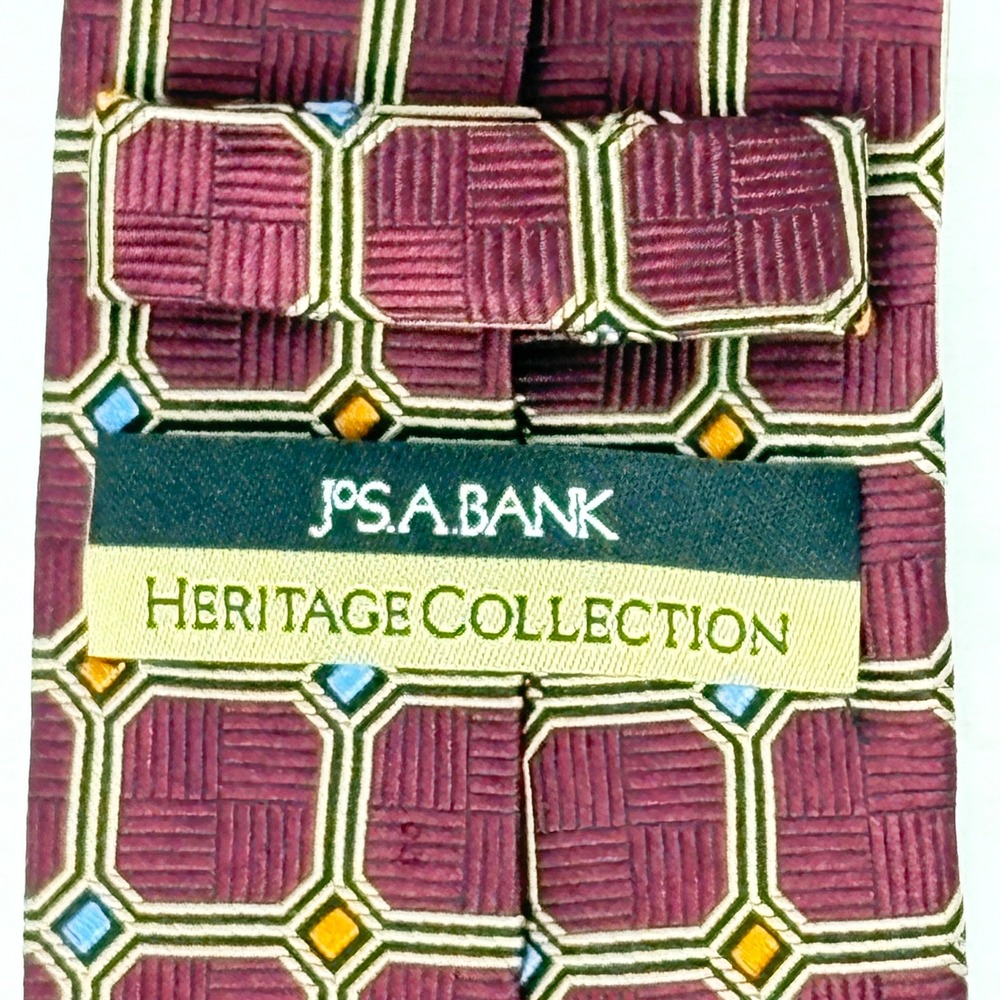 JOS A BANK Heritage Collection Burgundy Silk Geometric Handmade Necktie - Picture 3 of 6